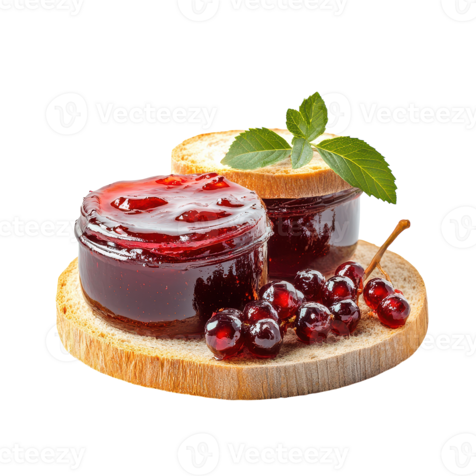 A jam jar with berries and a slice of bread png