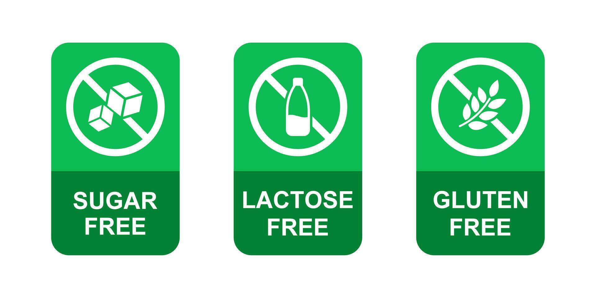 Lactose free, Sugar free, Gluten free, labels for food emblems designs vector