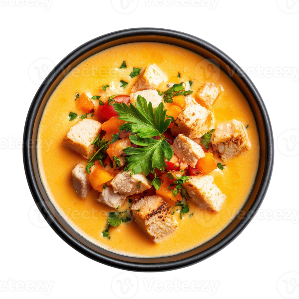 A bowl of soup with chicken and vegetables png