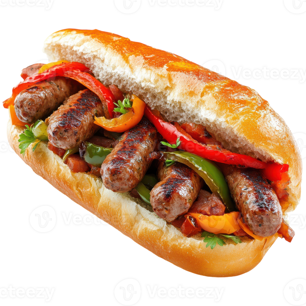 A hot dog with peppers and onions on a bun png
