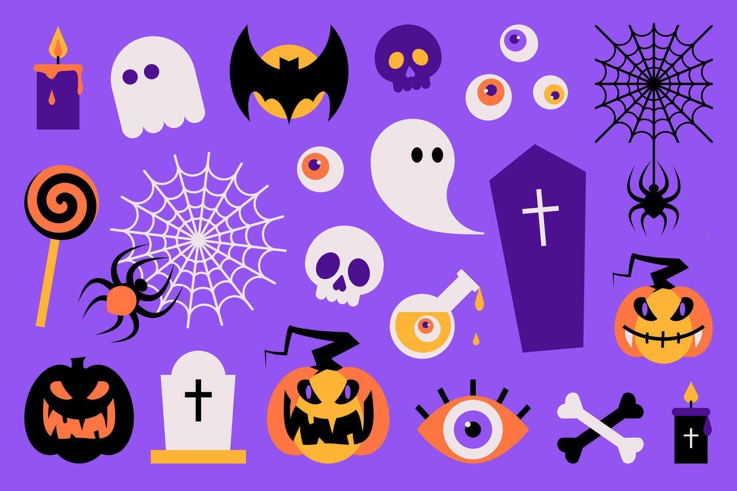 Happy Halloween stickers collection on violet background in minimalist flat style vector