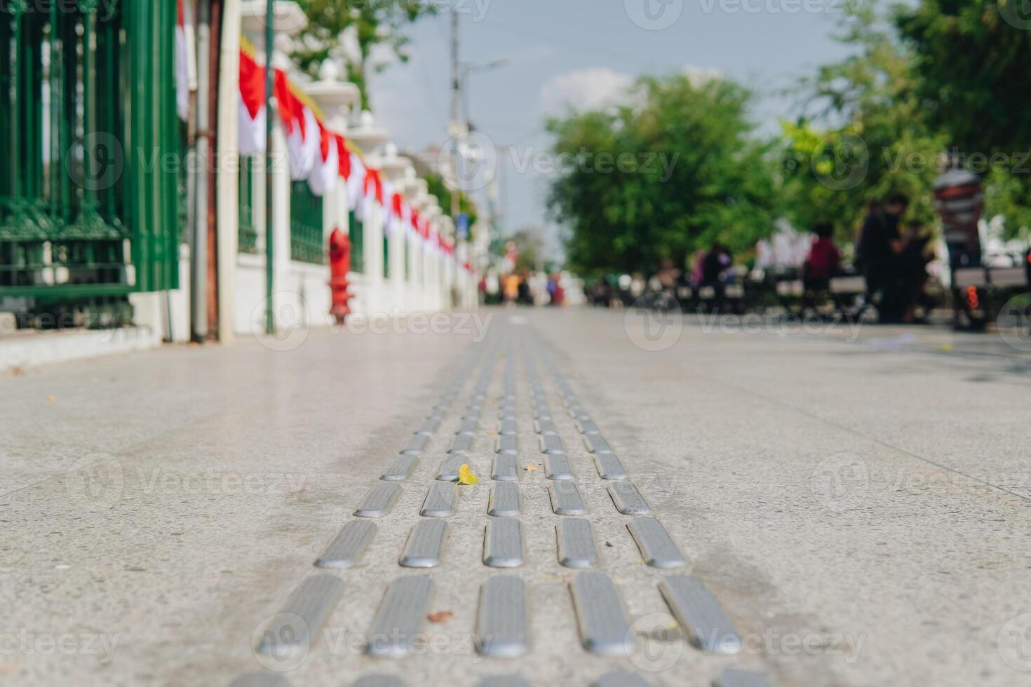 A close up of a sidewalk with a series of small metal slats. photo