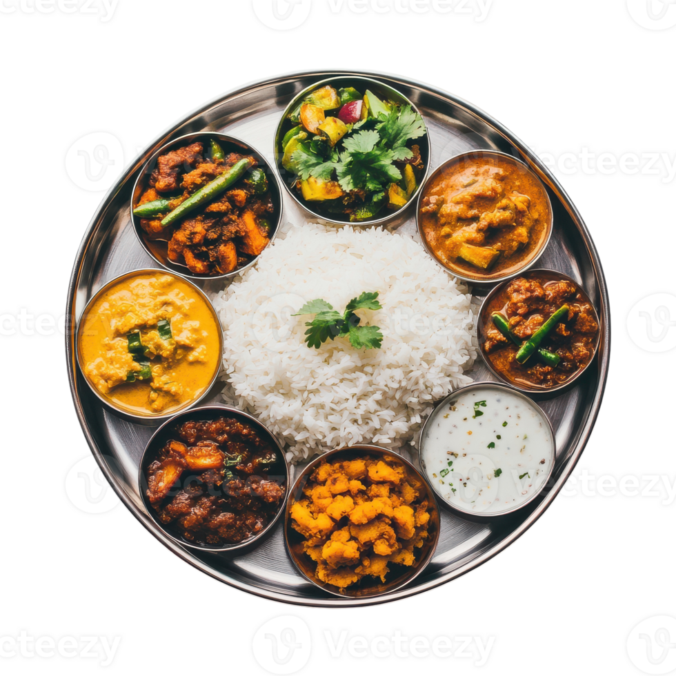 An indian thali with rice, vegetables and other dishes png