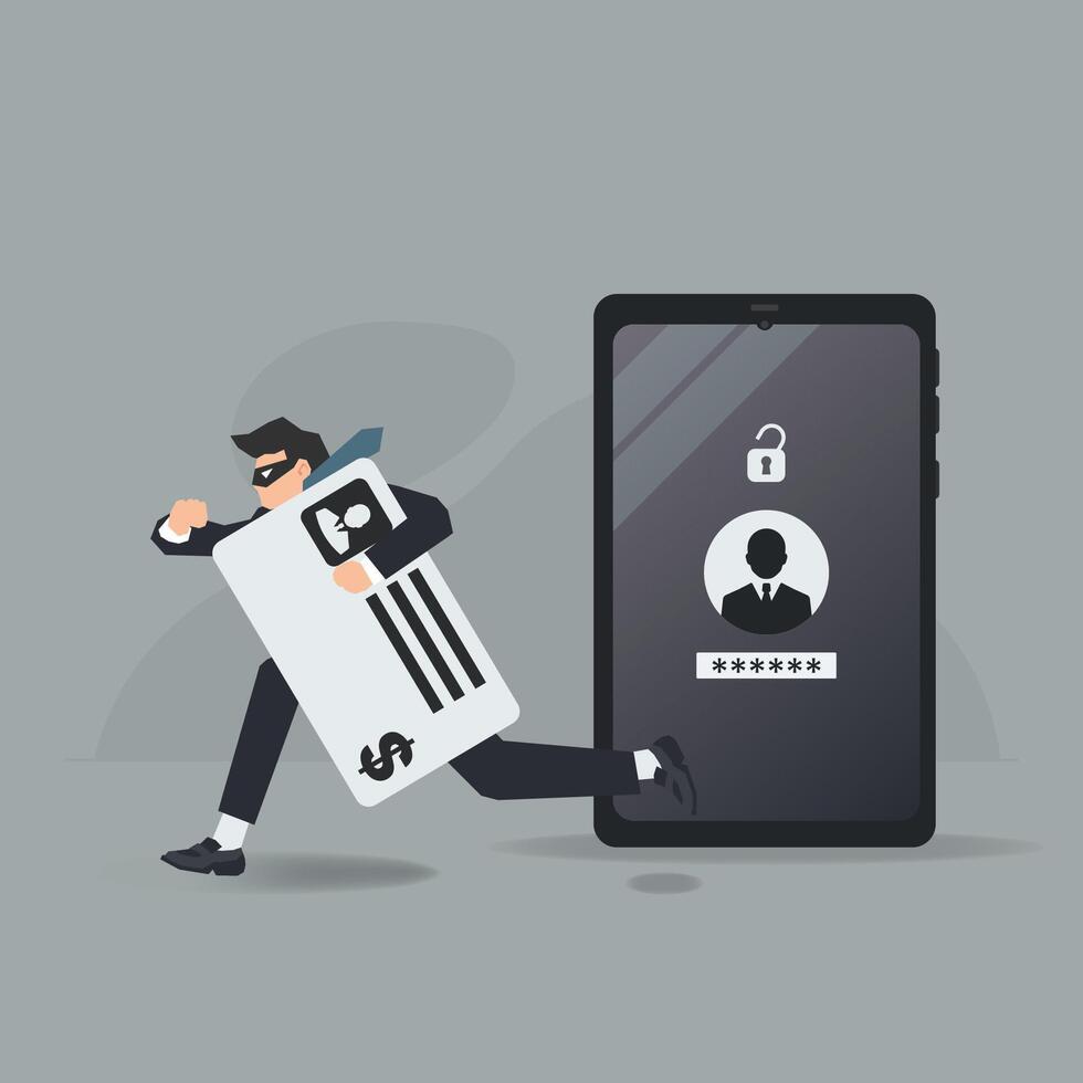 Personal account password unlocked, man thief the financial data. Phishing concept illustration vector