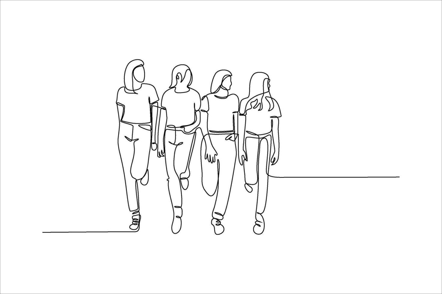 continuous line drawing of three women walking together vector