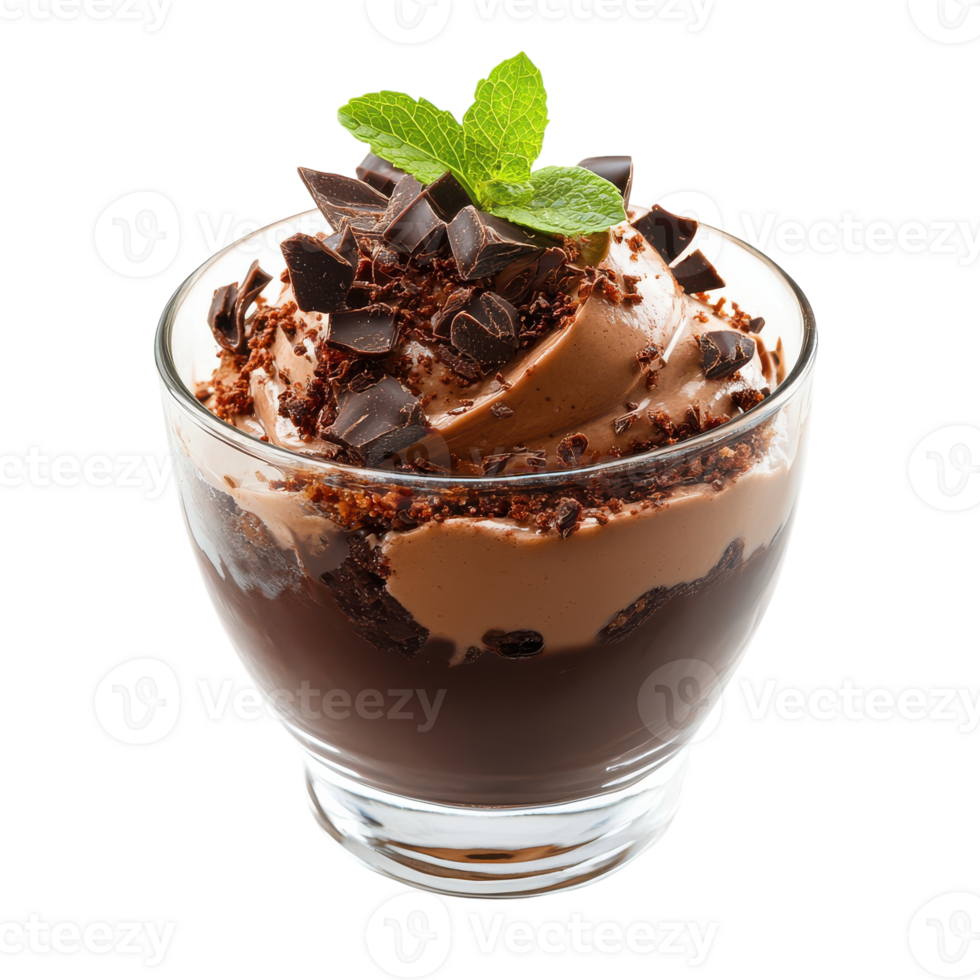 Chocolate pudding in a glass bowl with mint leaves png