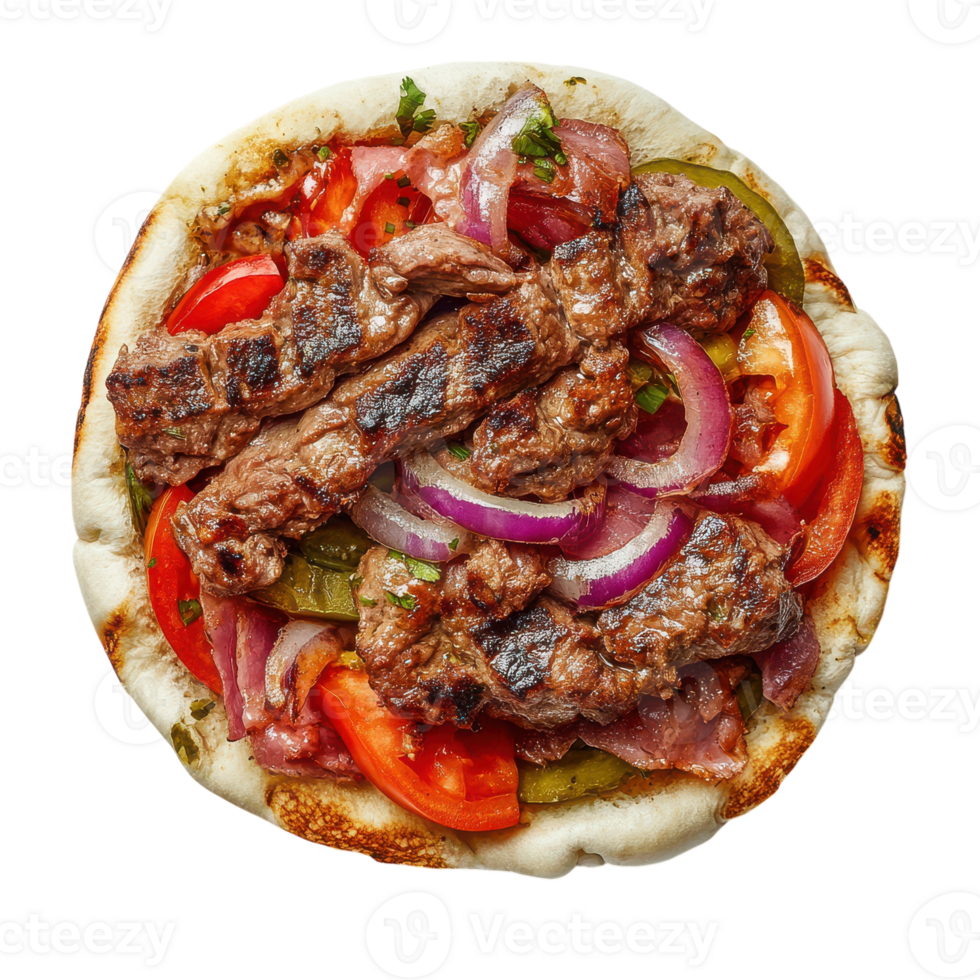 A pizza with meat, vegetables and onions png