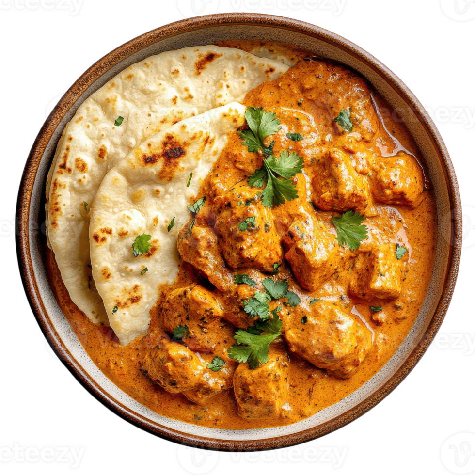 Chicken tikka masala in a bowl with naan png