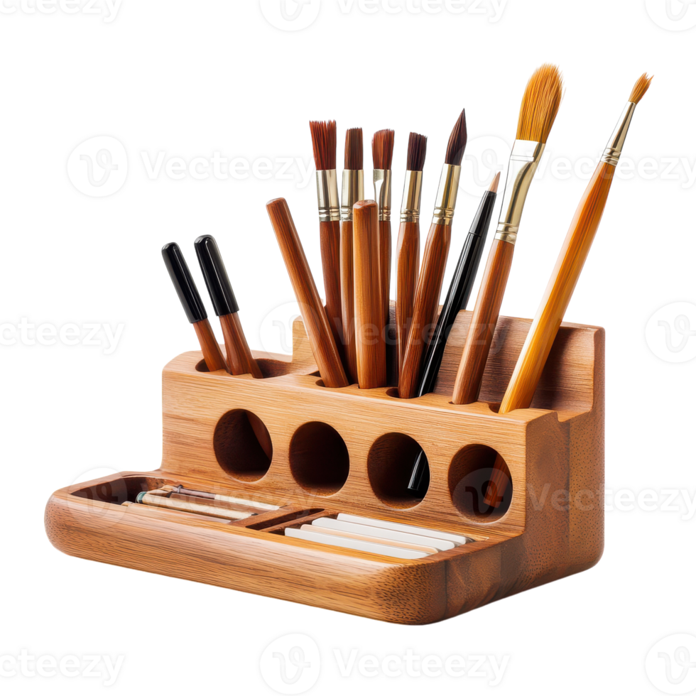 A wooden holder with several brushes and a pencil holder png