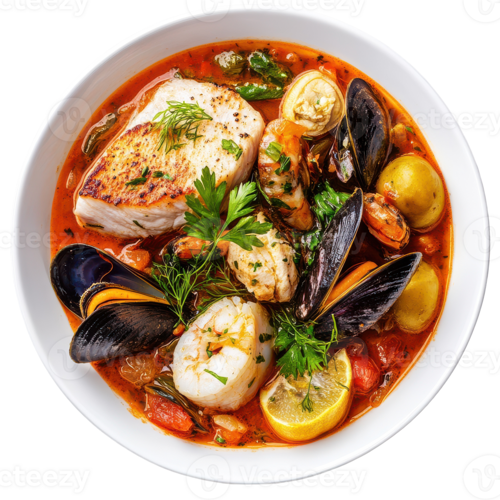 A bowl of seafood stew with mussels, clams and other seafood png