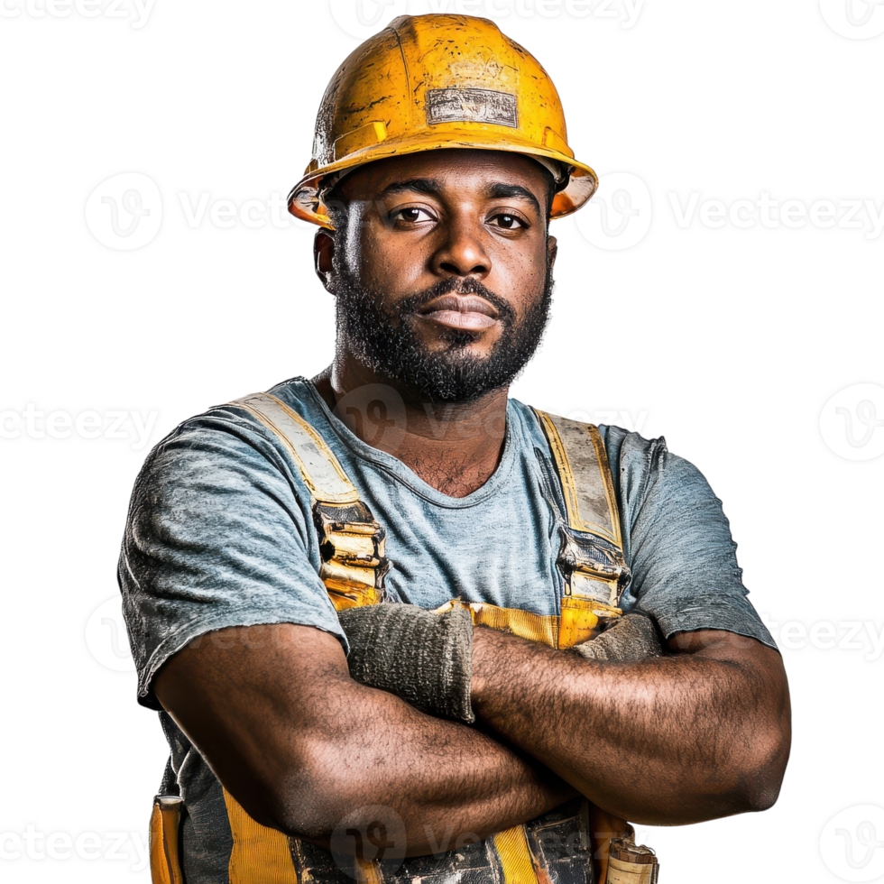 A black man in a hard hat and overalls png