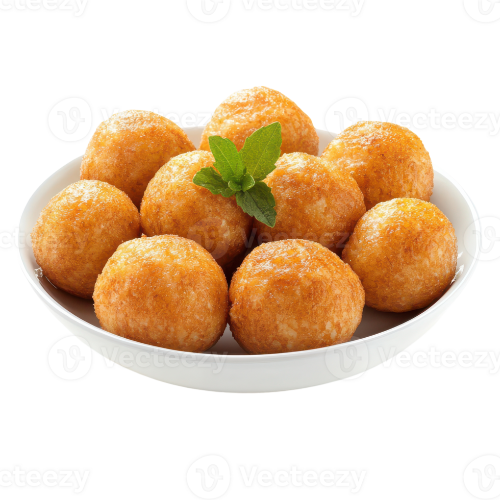A bowl of fried dough balls with mint leaves png