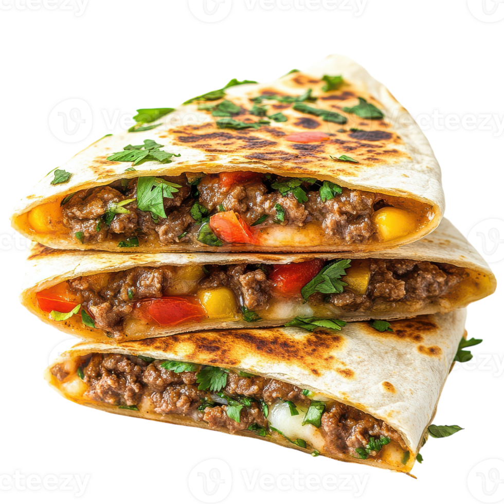 Three quesadillas with meat and vegetables on top png