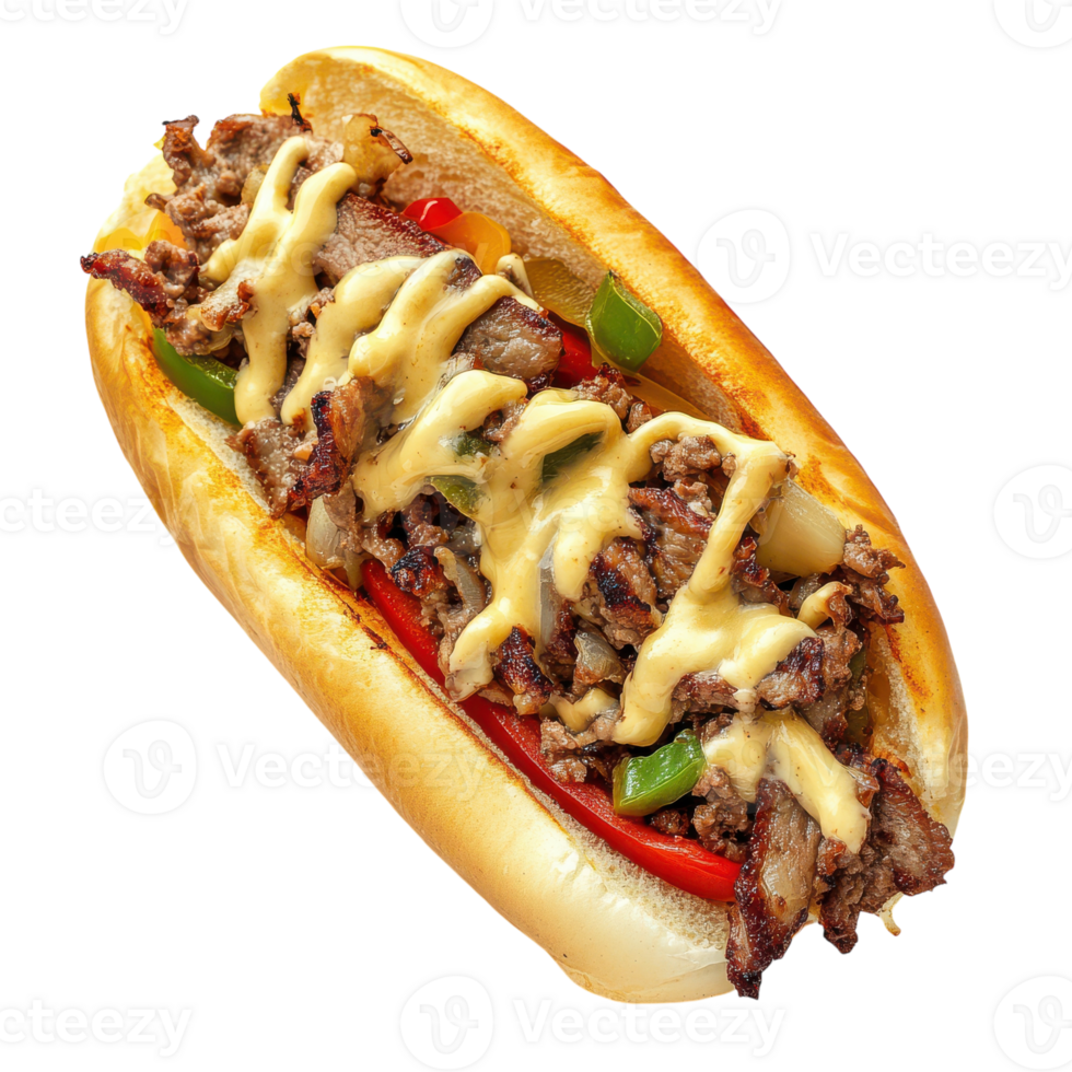 A hot dog with cheese and peppers on a bun png
