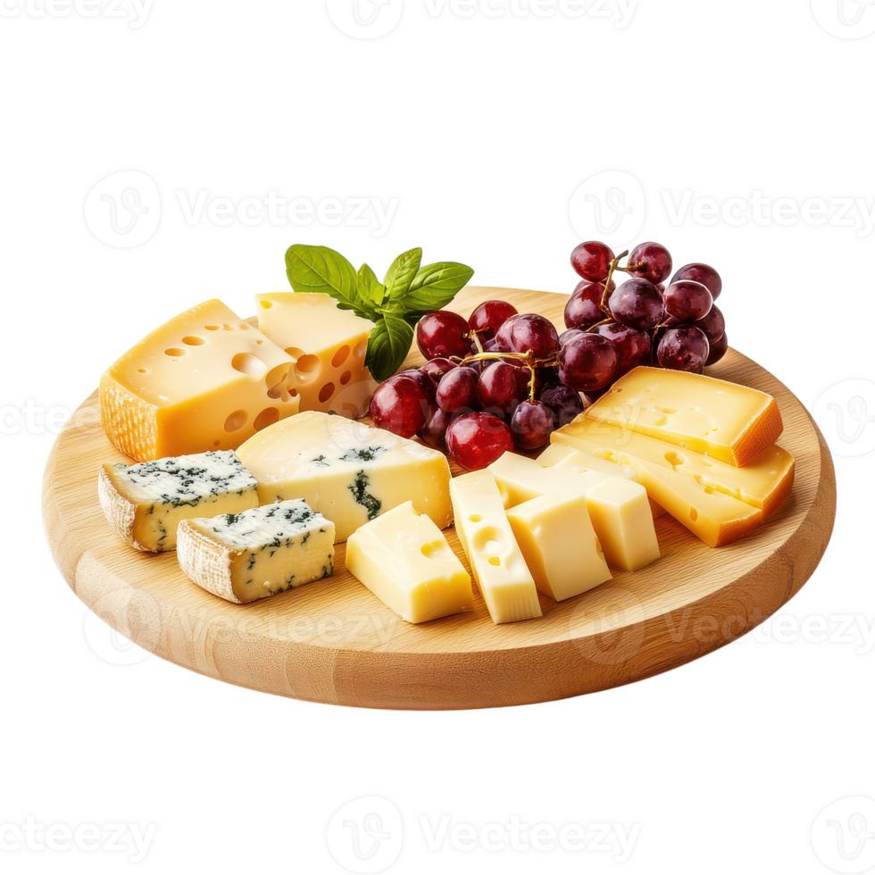 Cheese and grapes on a wooden plate png