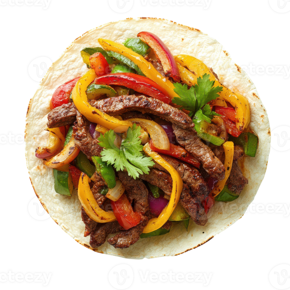 A plate of steak and peppers on a tortilla png