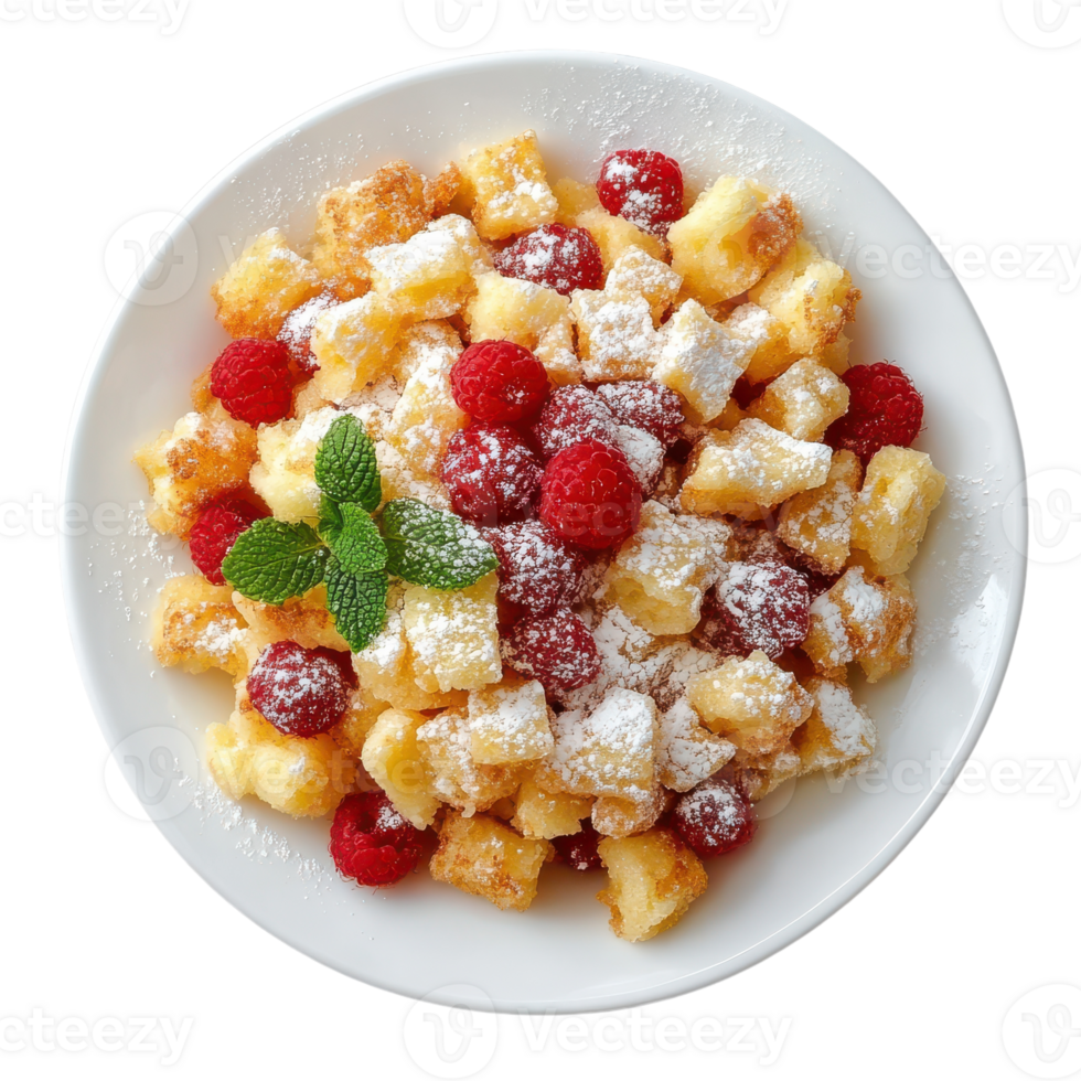 A plate of french toast with raspberries and powdered sugar png