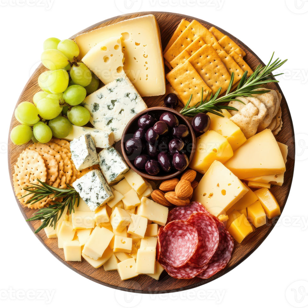 Cheese platter with grapes, olives, and other assorted cheeses png