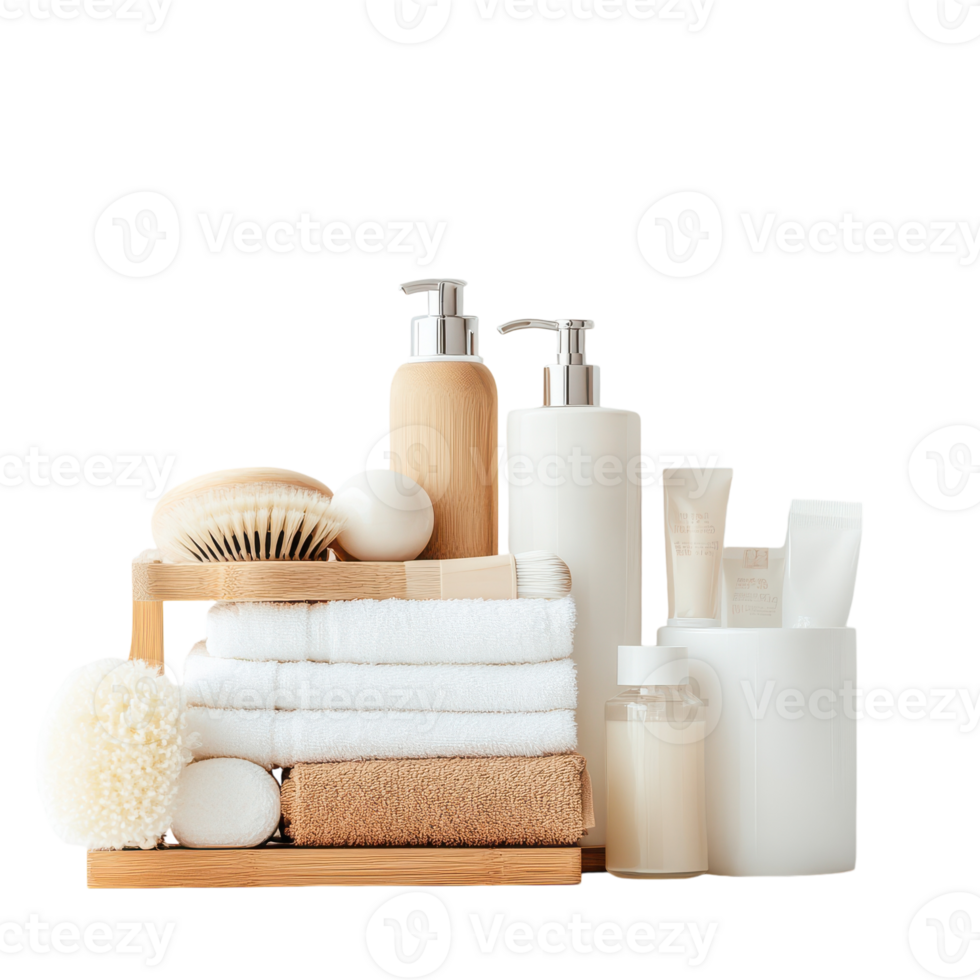 A wooden tray with towels, soap, and other items png