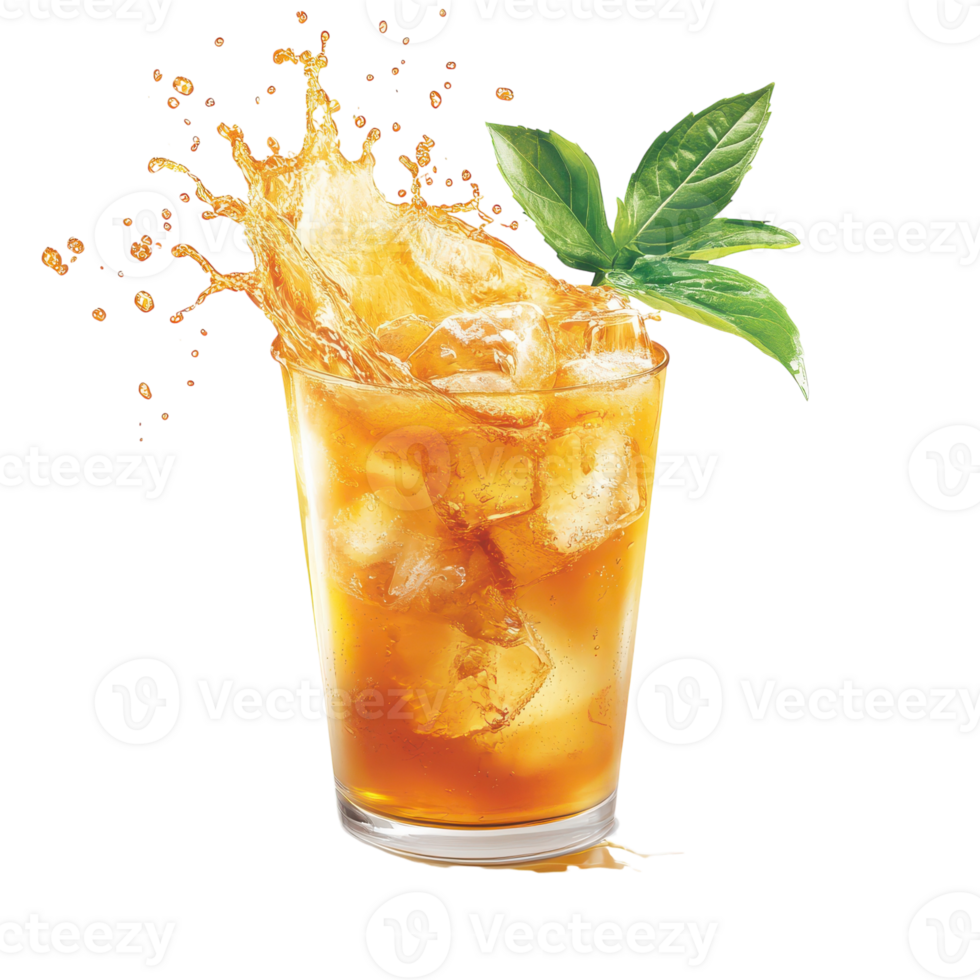 An iced tea with ice and a leaf png