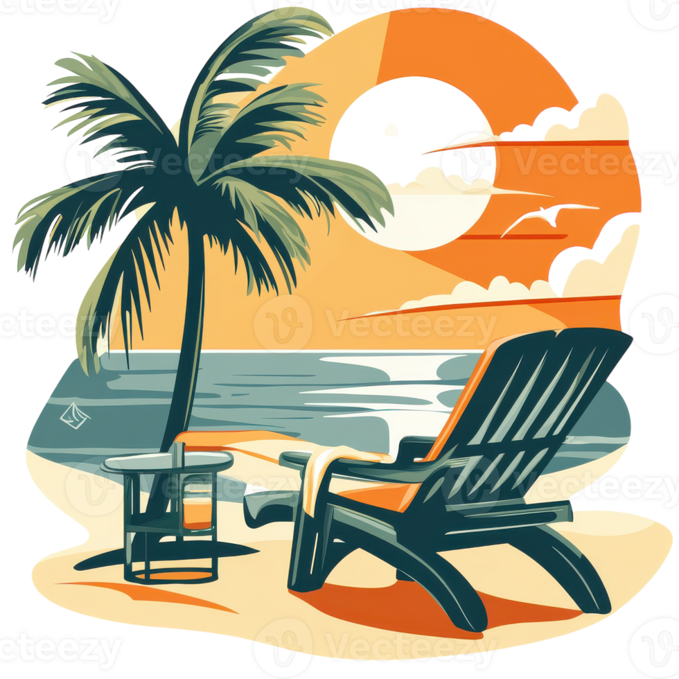 A beach scene with a chair and palm tree png