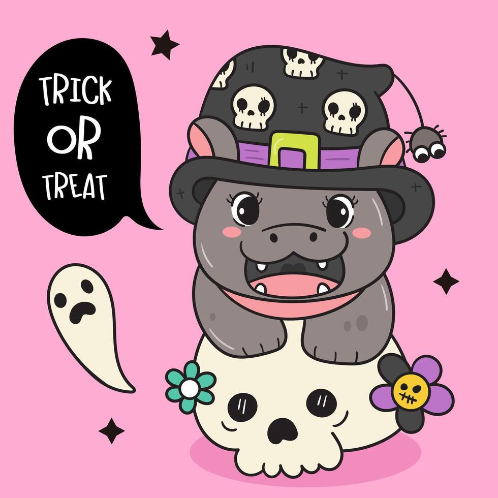 Pygmy hippo baby hippopotamus zoo cartoon halloween character with skull vector