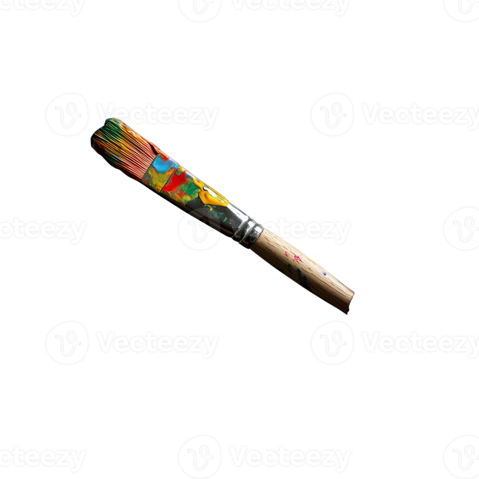 Isolated paintbrush with vibrant paint streaks on bristles, placed