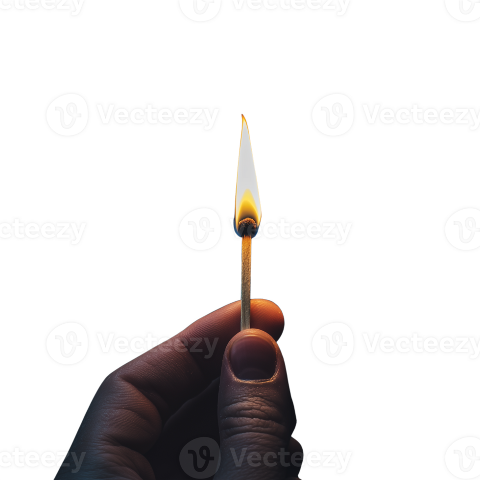 Hand holding a lit matchstick with a burning flame, captured against a transparent background png