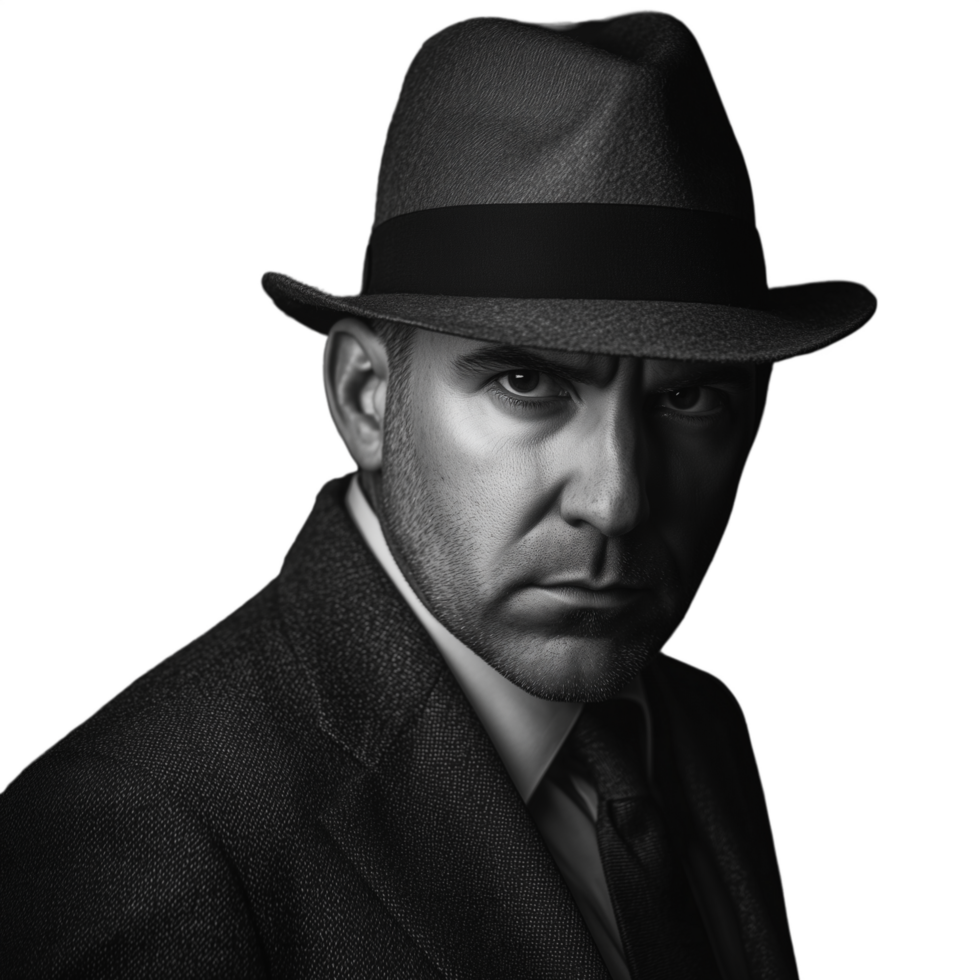 Intense portrait of a man in a hat with a piercing stare, black and white on transparent background png