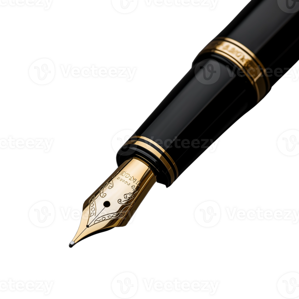 Close-up of a luxury black and gold fountain pen with intricate nib details on transparent background png