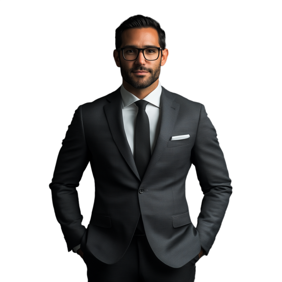 Portrait of a smiling man in a dark grey suit wearing glasses, isolated on a transparent background png