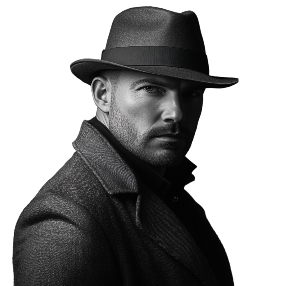 Monochrome image of a man in a fedora with a serious expression, side profile view on white png