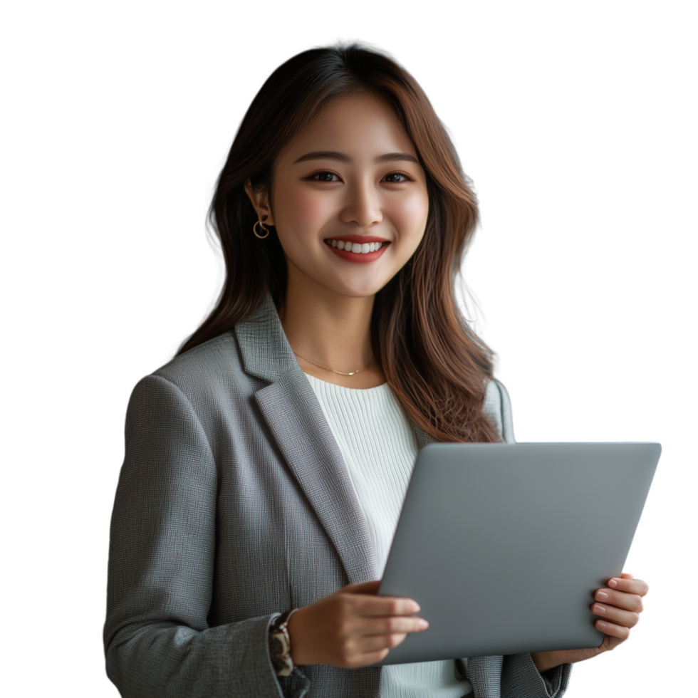 Professional young woman in a suit smiling while holding a laptop, isolated on a transparent background png