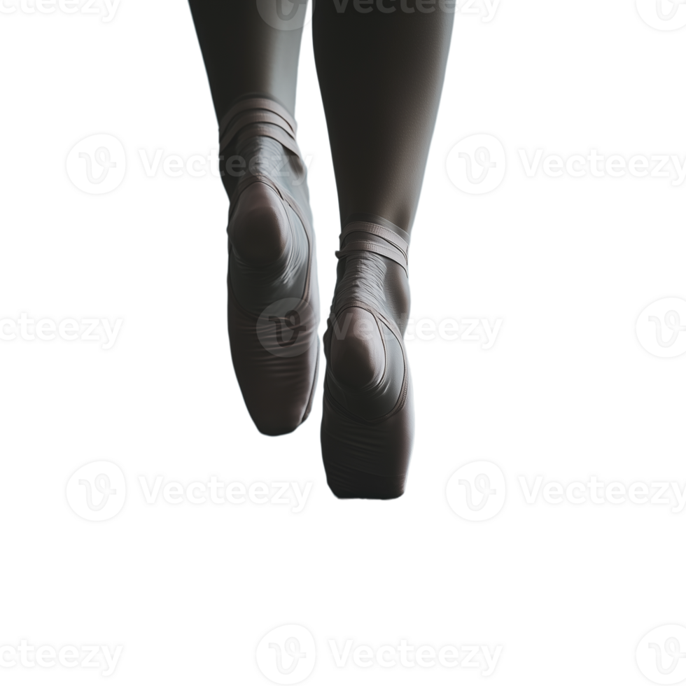 Ballet dancer's feet in mid-air wearing pointe shoes, captured against a transparent background png