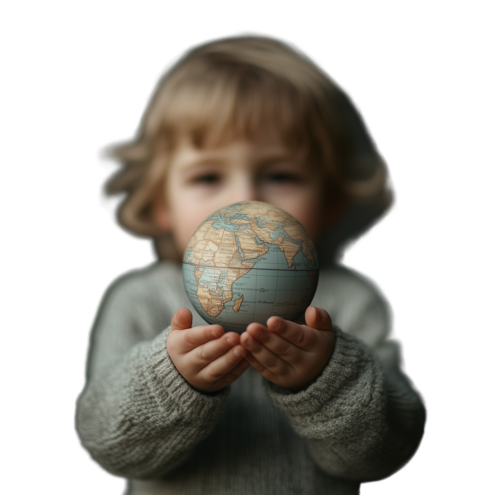 Young boy in a cozy sweater holding a globe with curiosity, isolated on a transparent background png