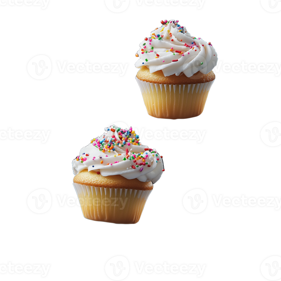 Two frosted cupcakes with colorful sprinkles, isolated on a transparent background png