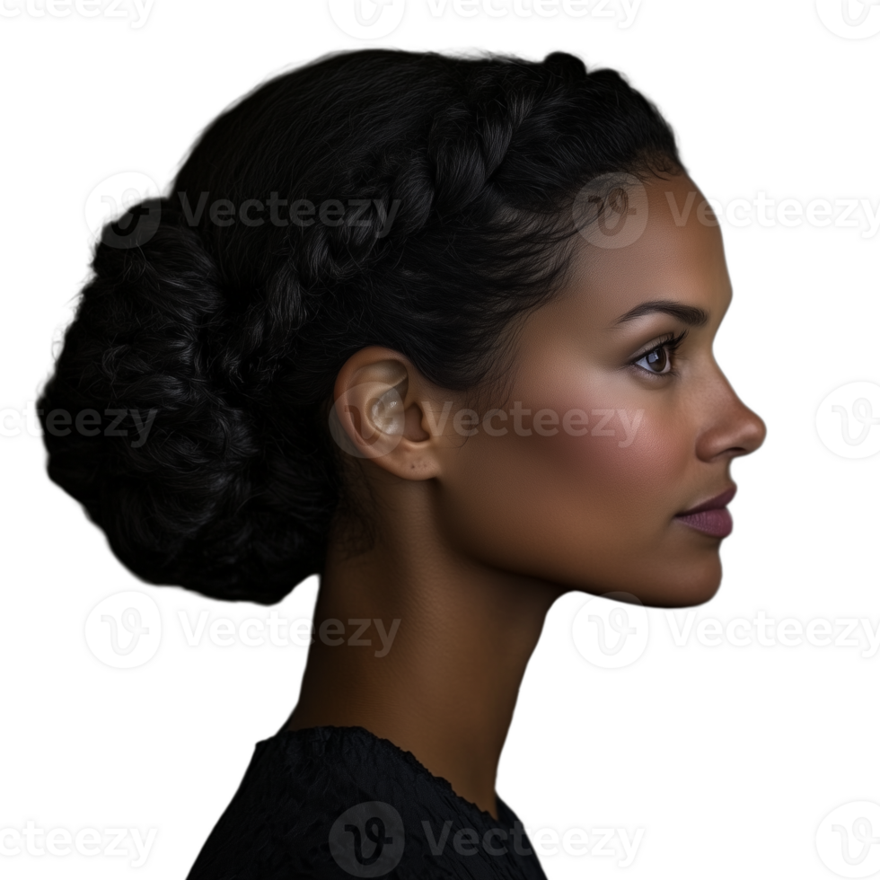 Profile of a young woman with an elegant bun hairstyle, looking contemplative png