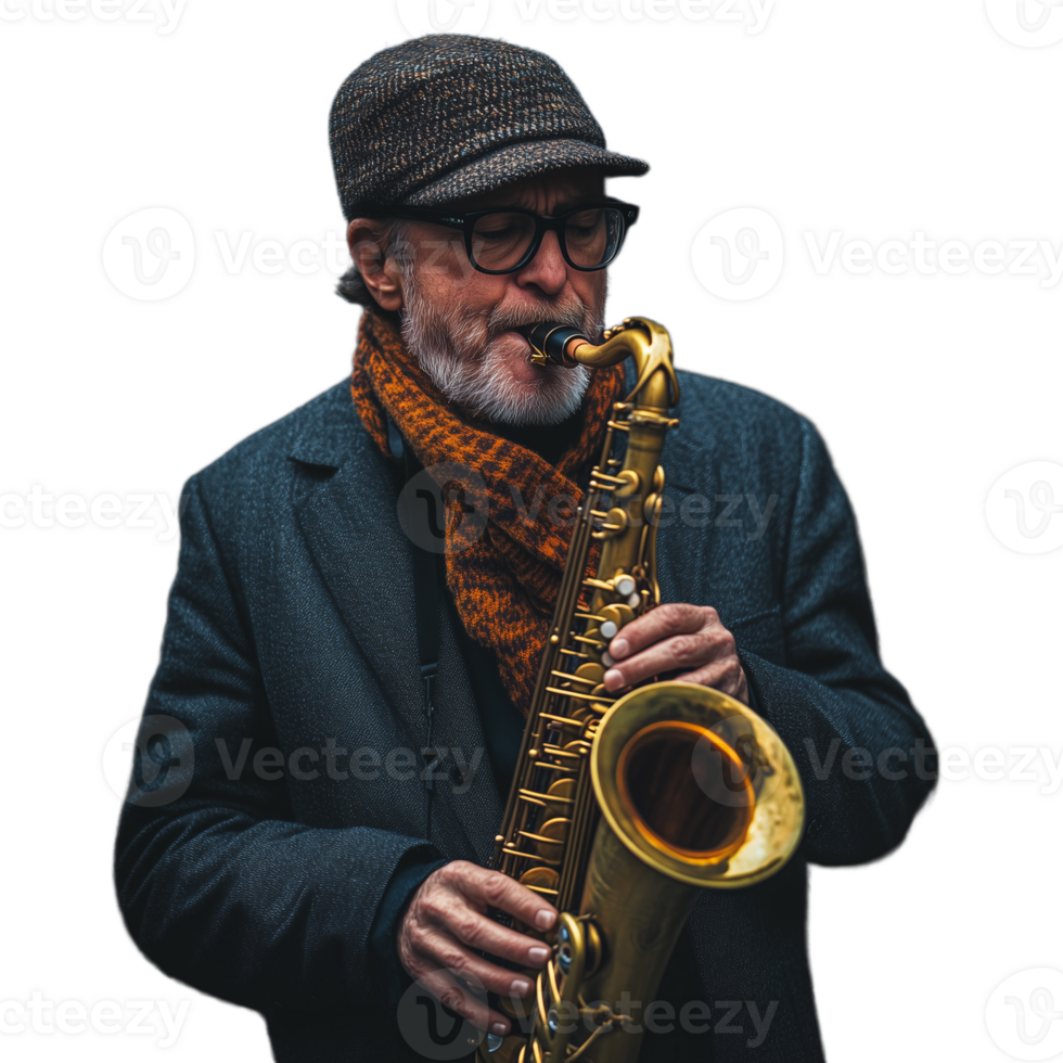 Mature man with glasses playing a saxophone passionately, wearing a cap and scarf png