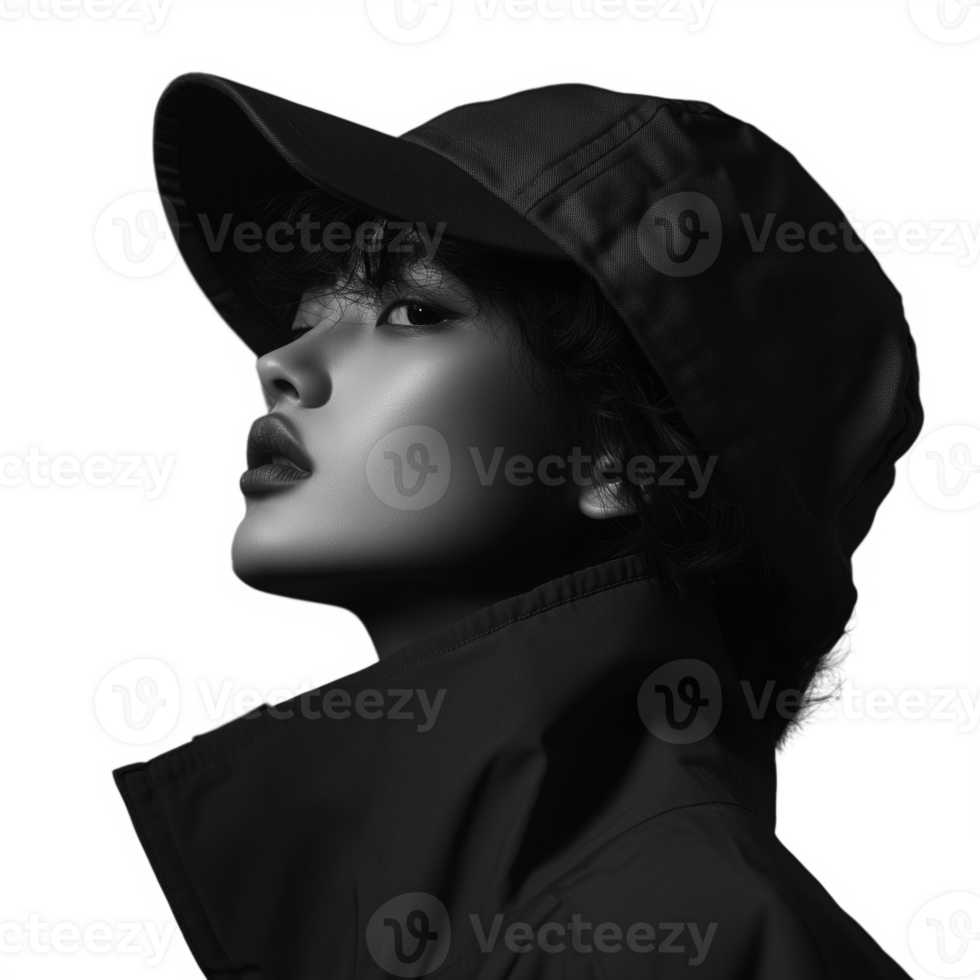Monochrome portrait of a young woman in a cap looking sideways, isolated on transparent background png