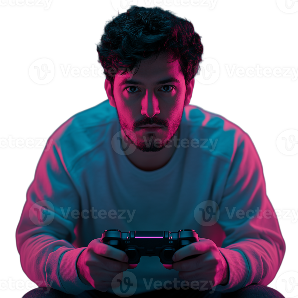 Young man with a focused expression playing a game controller, illuminated by neon light png