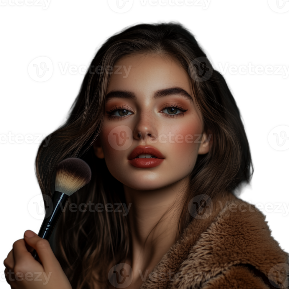 Young woman applying makeup with a brush, displaying a poised expression, isolated on white png