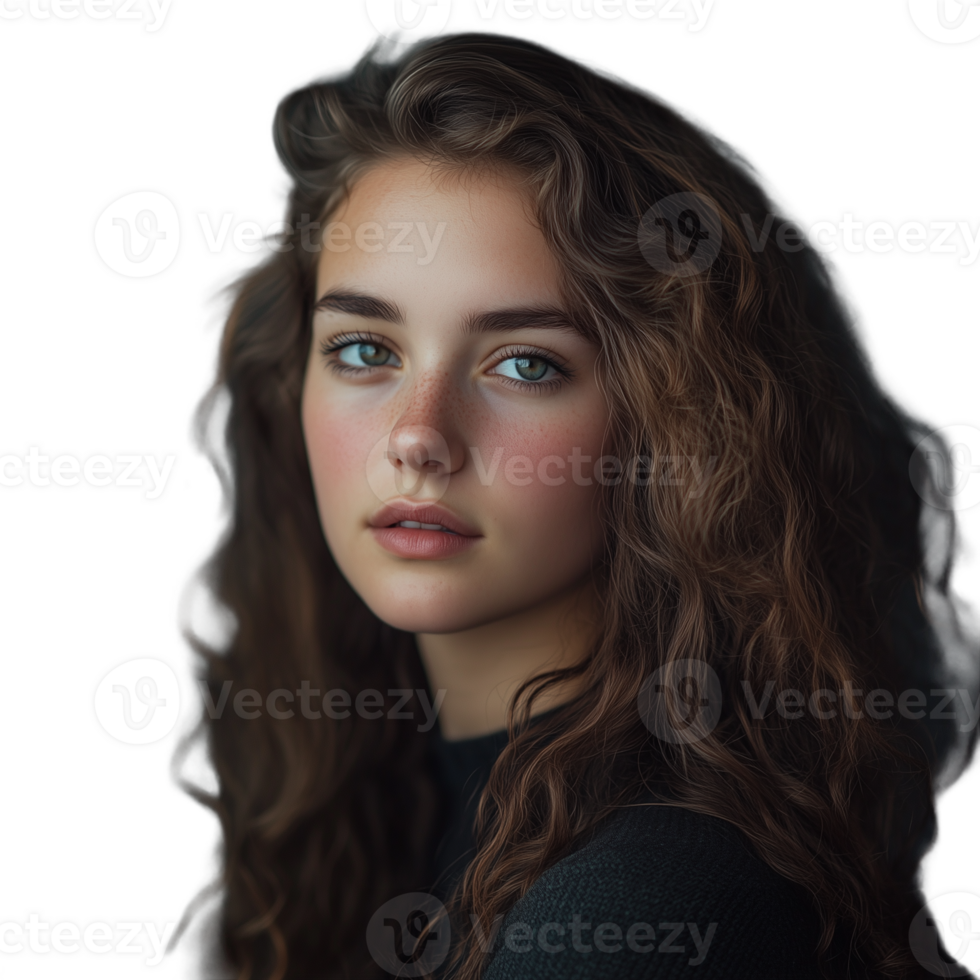 Woman with long curly hair gazing confidently, isolated on a transparent background png