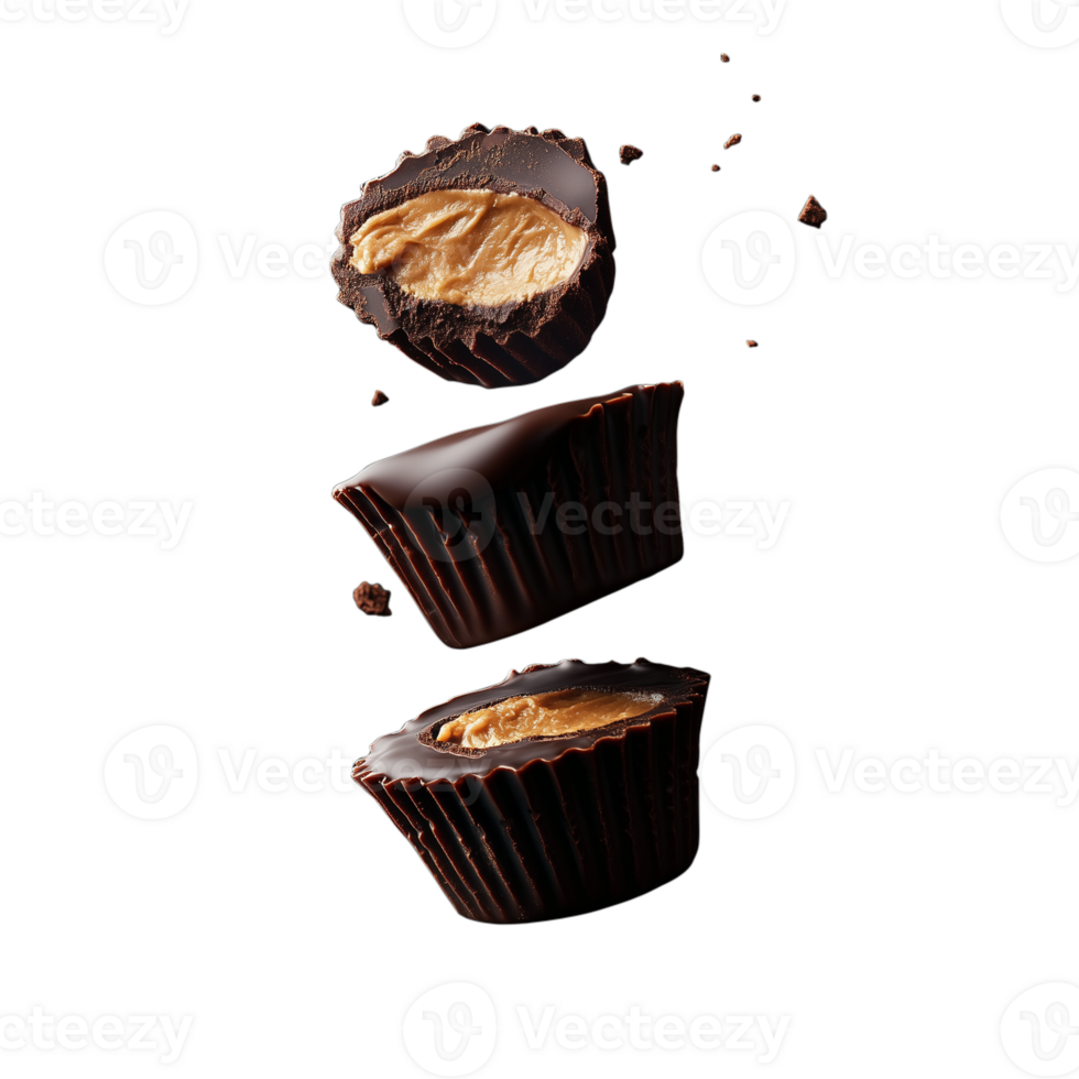 Chocolate cups with peanut butter filling broken in half, isolated on a transparent background png