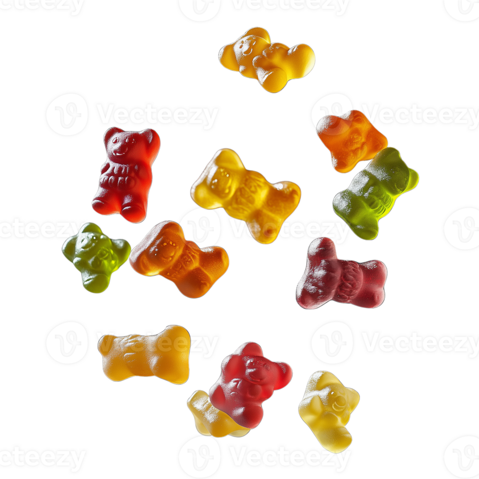 Assorted colorful gummy bears scattered randomly, isolated on a transparent background png