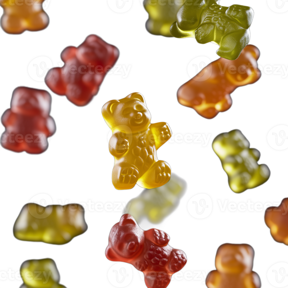 Variety of gummy bears with different flavors, isolated on a transparent background png