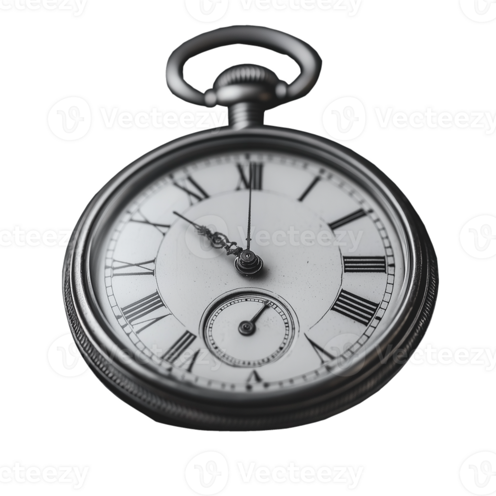 Antique silver pocket watch with Roman numerals and a classic design on transparent background png