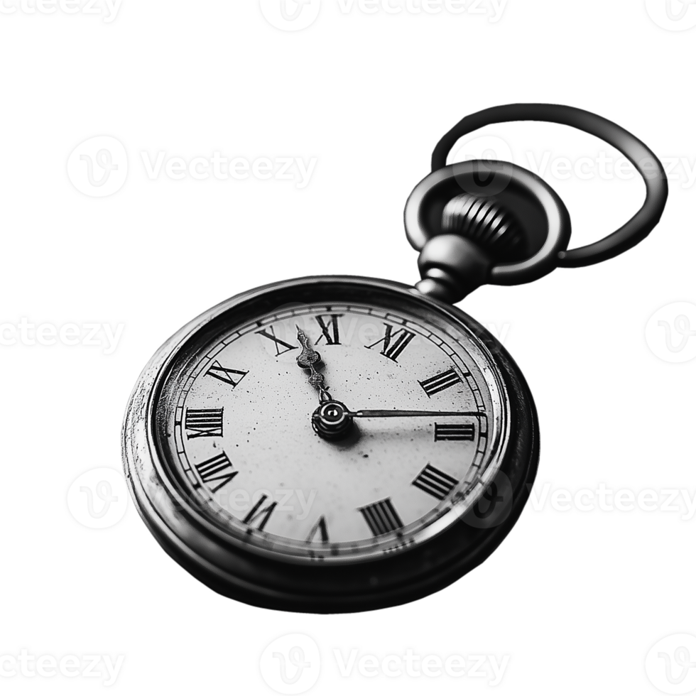Classic pocket watch with a silver case and Roman numerals, featuring an open face against a transparent background png