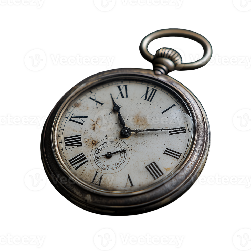Rusty antique pocket watch with weathered Roman numerals and patina on a transparent background png