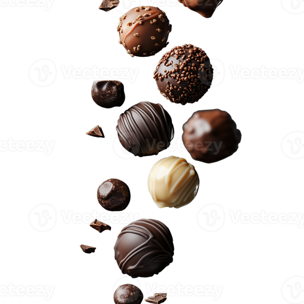 Mixed chocolate truffles with various textures and patterns, isolated on a transparent background png