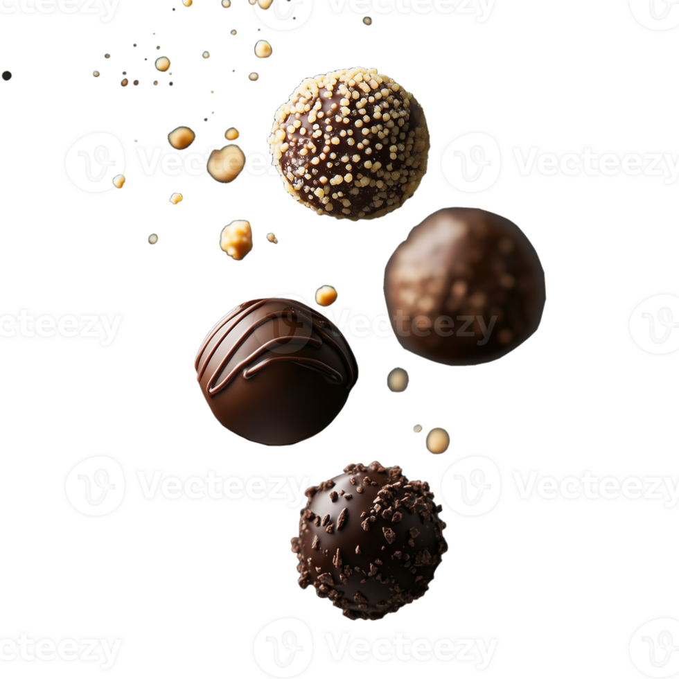 Assorted gourmet truffles with different coatings, scattered on a transparent background png